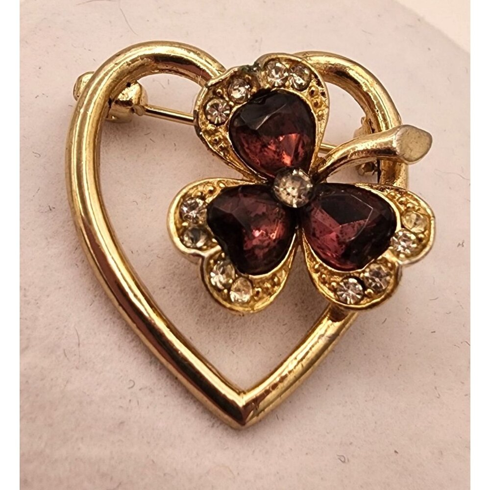Vintage Heart & Clover Brooch With Rhinestones & Red Gems